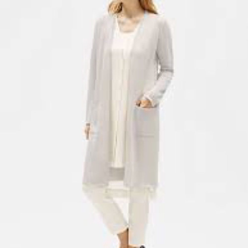 Eileen Fisher Sweater Bone Organic Linen Crepe Sparkle Long Cardigan Beige Open